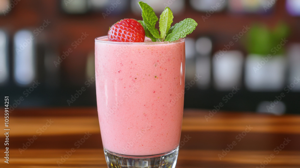 refreshing strawberry smoothie topped with mint leaves, served in clear glass. This healthy drink is perfect for hot day or as nutritious snack refreshing strawberry smoothie topped with mint leaves, served in clear glass. This healthy drink is perfect for hot day or as nutritious snack