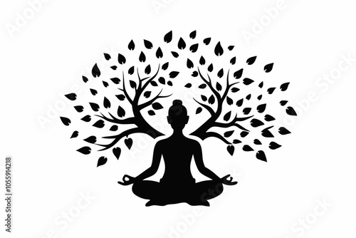 Meditating Under Tree Silhouette Vector