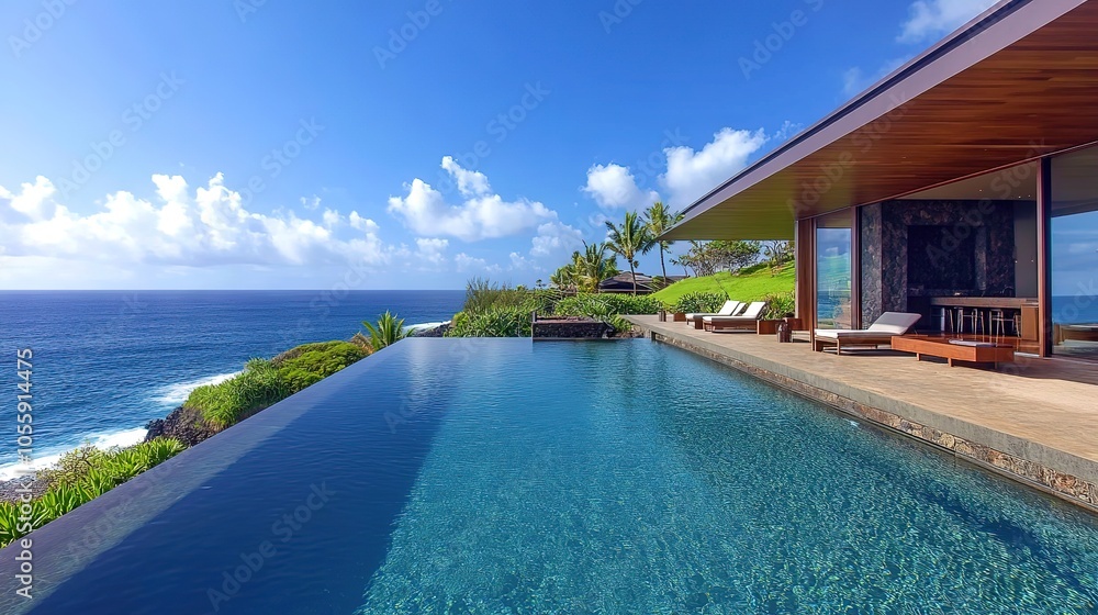 Fototapeta premium Luxury architecture, ocean front property landscape. Modern minimalist design with infinity pool, sleek contemporary designer furniture, panoramic coastal view background. vacation home or hotel