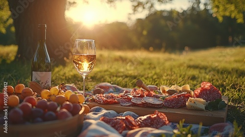 Fototapeta Naklejka Na Ścianę i Meble -  A group of friends enjoying a summer picnic in a scenic park, with a beautifully set blanket, wine, and charcuterie. The golden sunlight and relaxed vibe create an atmosphere of leisure and 