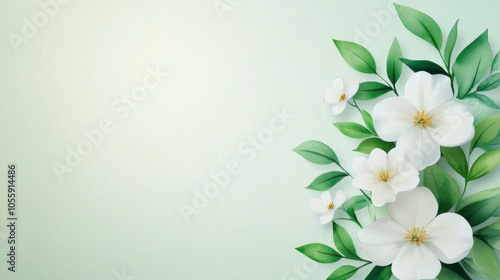 beautiful watercolor illustration of white flowers and green leaves, creating serene and calming atmosphere. Perfect for backgrounds or floral designs