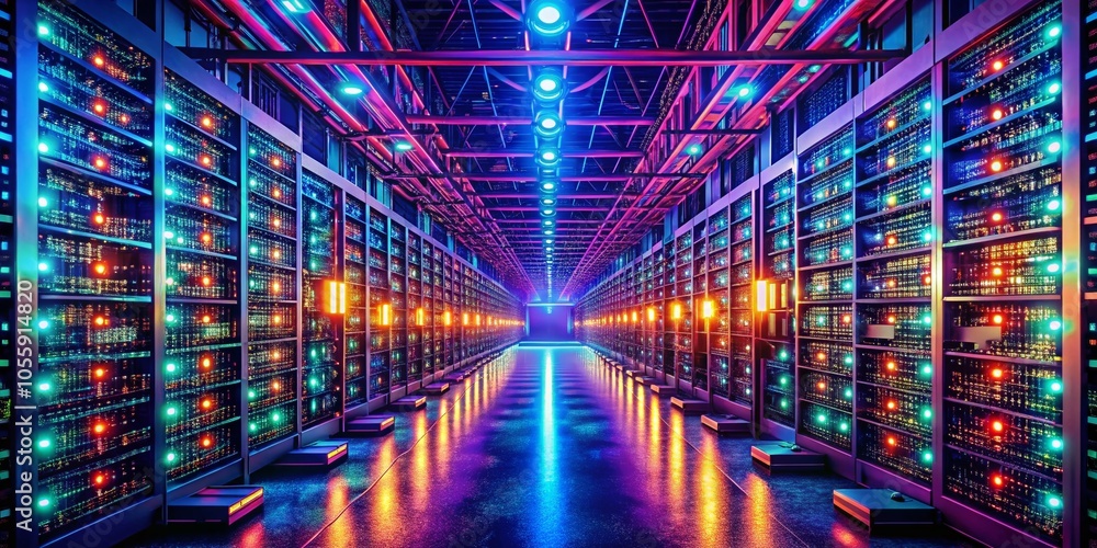 Fototapeta premium Pulsating Data Center Topography for Cryptocurrency Mining with Ethereal IoT Cloud Visualization