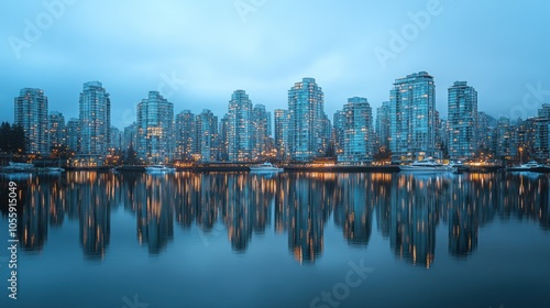 Cityscape with Reflection of Skyscrapers in Calm Water at Dusk