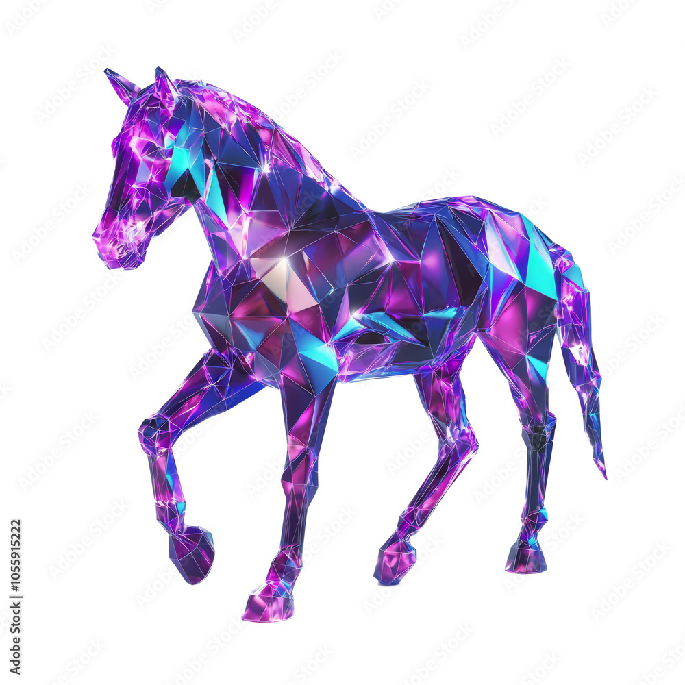 Obraz premium Horse with glowing purple and cyan patterns in polygon shapes, low poly on a white background.