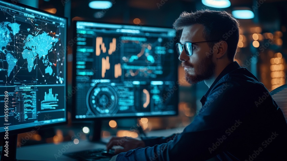 Man analyzing global data on multiple computer screens Man analyzing global data on multiple computer screens