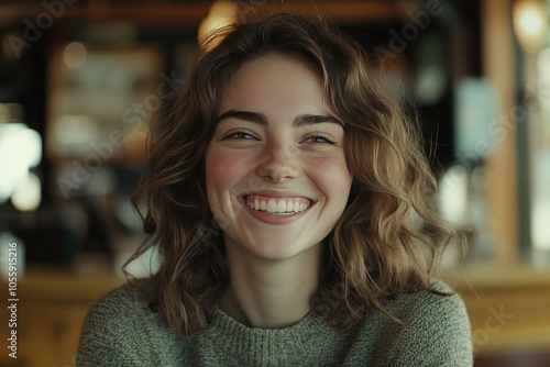 Joyful Woman Smiling in Coffee Shop Setting