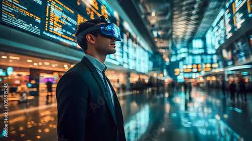 Man in VR Headset at Modern Airport Terminal