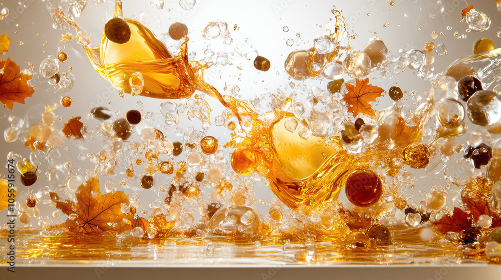 Amber liquid splashes with autumn leaves and bubbles, creating vibrant scene Amber liquid splashes with autumn leaves and bubbles, creating vibrant scene