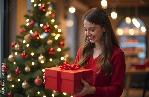 Woman holding Christmas gift. Christmas tree in shop in the background.