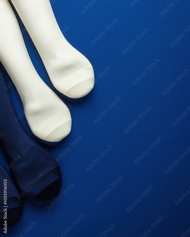 Flatlay of socks for National Sock Day concept. Three socks in varying colors rest on a vibrant blue background showcasing their textures and styles Flatlay of socks for National Sock Day concept. Three socks in varying colors rest on a vibrant blue background showcasing their textures and styles