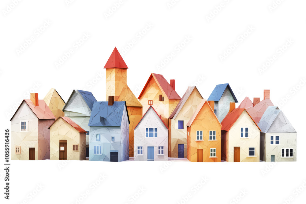 buildings in a clean low poly style, symmetrically placed on a simple white background.