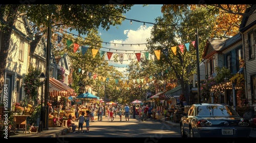 Fototapeta Naklejka Na Ścianę i Meble -  A small neighborhood block party with families gathered on a sunny street, kids playing games, and adults chatting by food stalls. String lights and colorful bunting are hung between trees, 