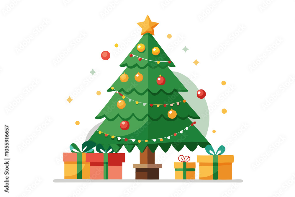 Fototapeta premium Decorated Christmas tree with gifts on a white background
