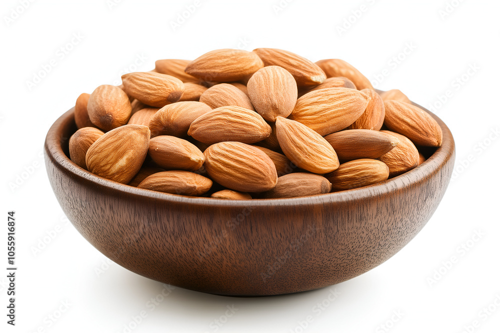 Close-up to a bowl of almonds isolated on white background, Snack food photography Close-up to a bowl of almonds isolated on white background, Snack food photography
