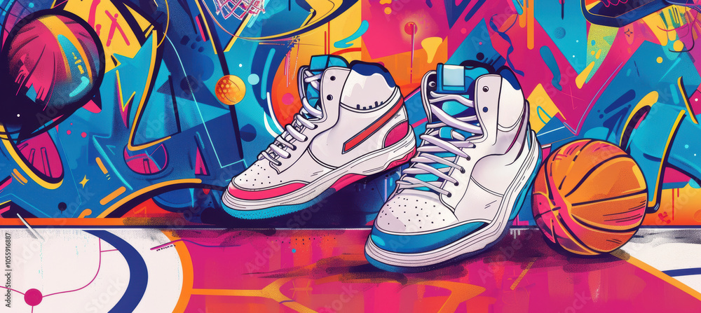 Fototapeta premium Retro 90s Basketball Culture Banner with Sneakers and Colorful Graffiti Background