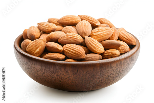 Close-up to a bowl of almonds isolated on white background, Snack food photography