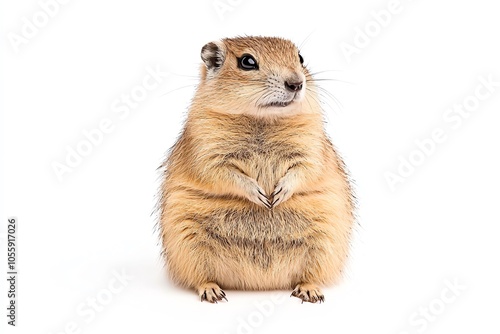 A cute prairie dog standing upright, showcasing its fluffy fur and alert expression against a clean white background.