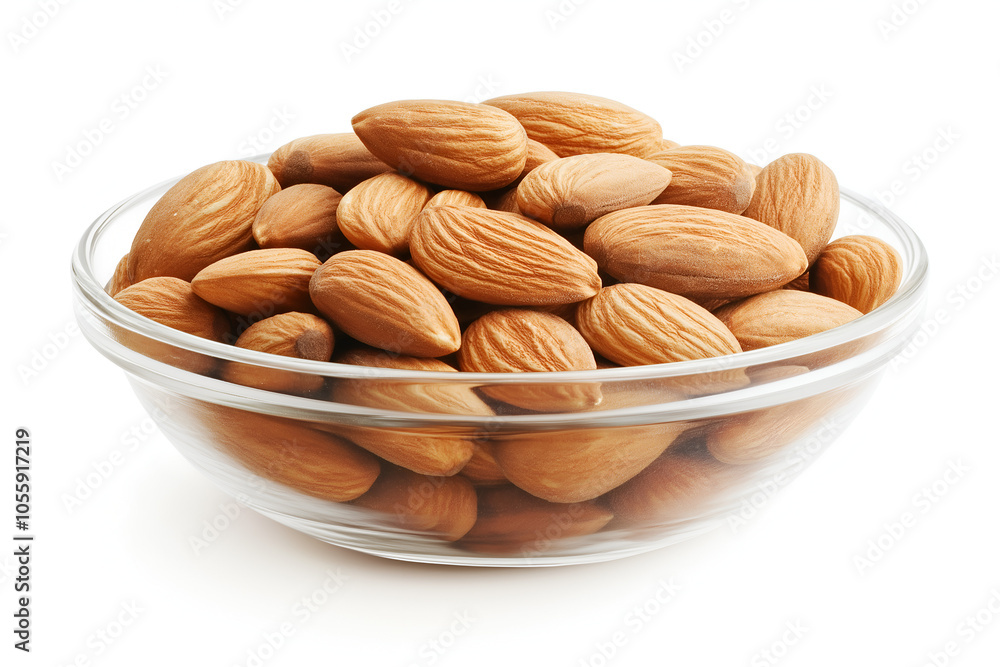 Close-up to a bowl of almonds isolated on white background, Snack food photography Close-up to a bowl of almonds isolated on white background, Snack food photography