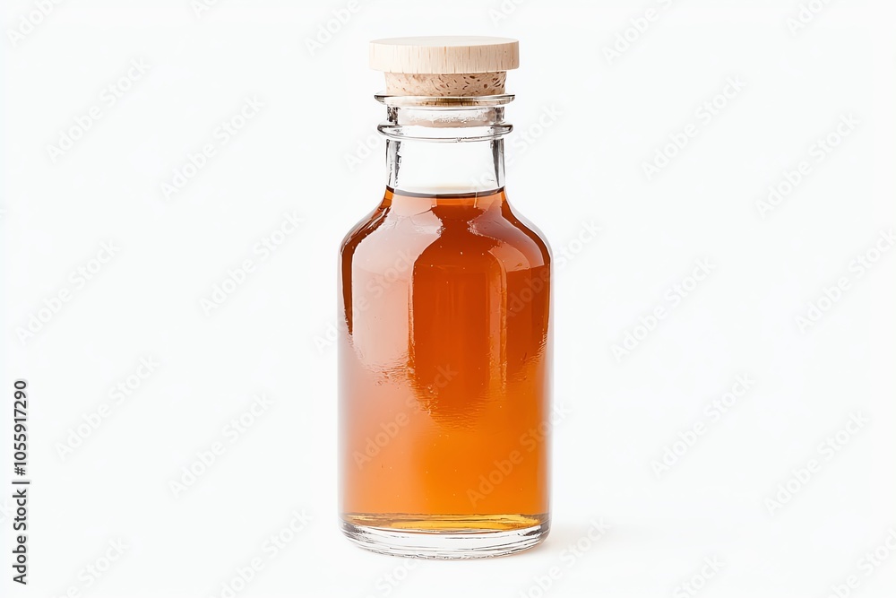 A clear glass bottle filled with amber liquid, featuring a natural wood cork, ideal for showcasing oils or syrups. A clear glass bottle filled with amber liquid, featuring a natural wood cork, ideal for showcasing oils or syrups.