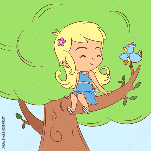 Girl sitting on tree branch