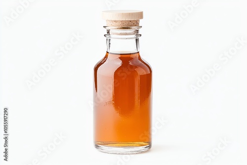 A clear glass bottle filled with amber liquid, featuring a natural wood cork, ideal for showcasing oils or syrups.