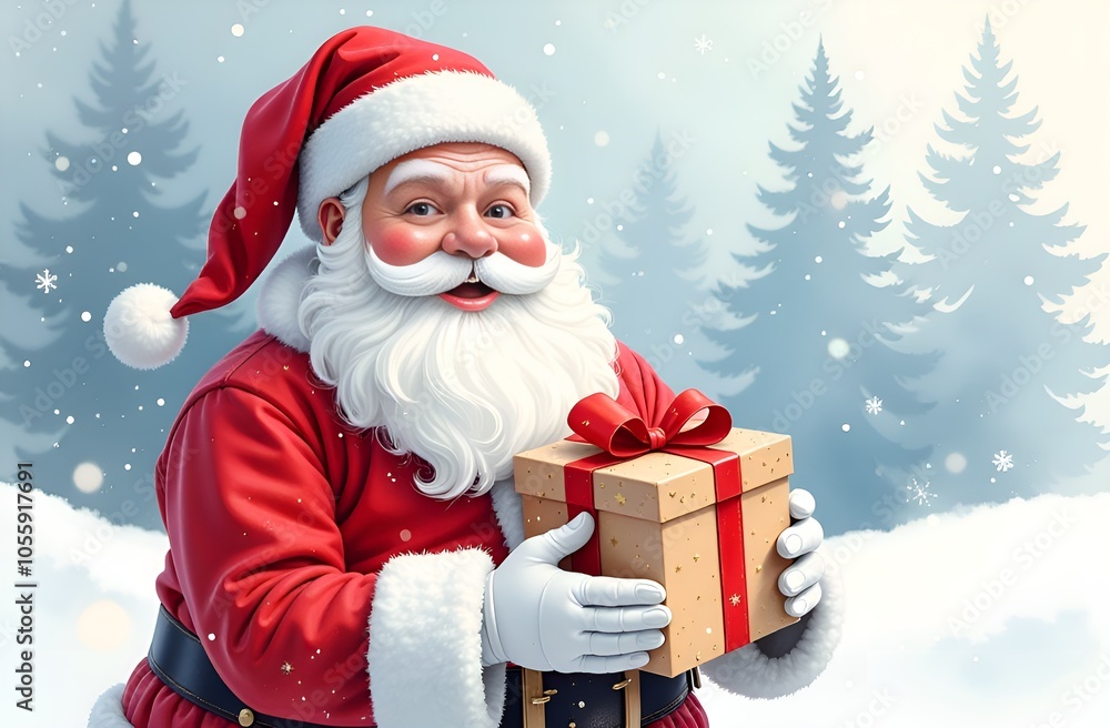 Santa Claus holding a gift box. Winter card. Santa Claus holding a gift box. Winter card.