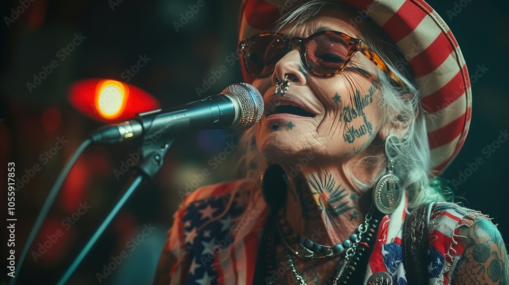 Tattooed woman passionately singing at a vibrant Independence Day celebration, adorned in an American flag, embodying freedom and spirit Tattooed woman passionately singing at a vibrant Independence Day celebration, adorned in an American flag, embodying freedom and spirit