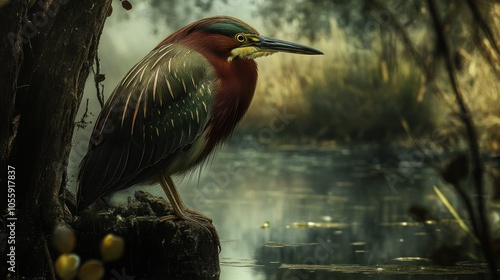 Green Heron Perched on a Log by a Misty Pond photo