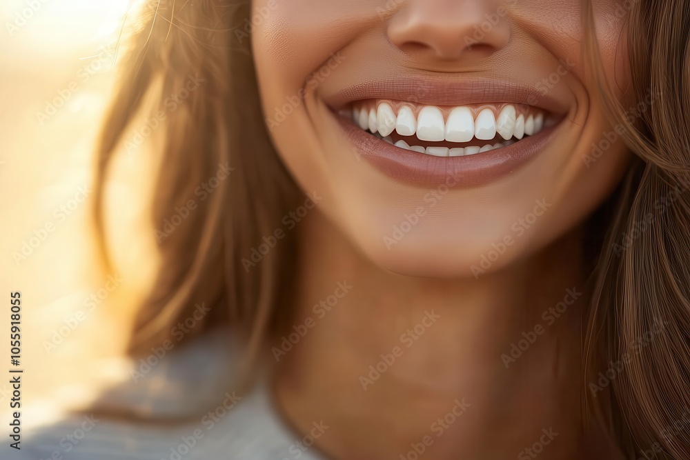 Woman s cheerful smile, flawless white teeth, golden sunlight, warm and inviting Woman s cheerful smile, flawless white teeth, golden sunlight, warm and inviting