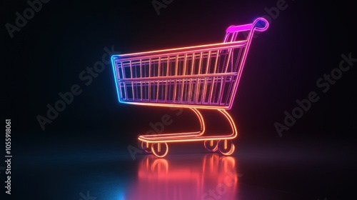 A 3D shopping cart icon shines brightly in neon shades against a deep black background creating a futuristic and vibrant aesthetic perfect for online retail themes photo