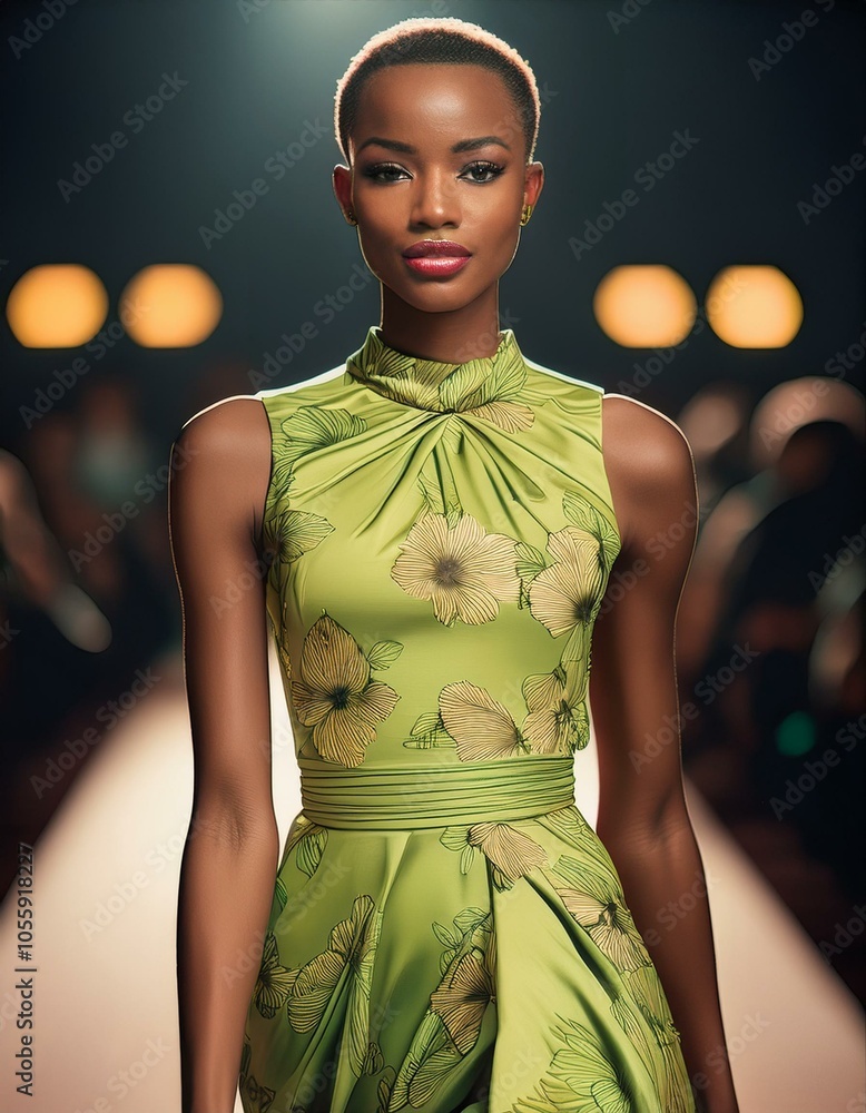 a brunette black woman model with short hair wearing a low cut light green dress with printed flowers on the catwalk, fashion photography a brunette black woman model with short hair wearing a low cut light green dress with printed flowers on the catwalk, fashion photography