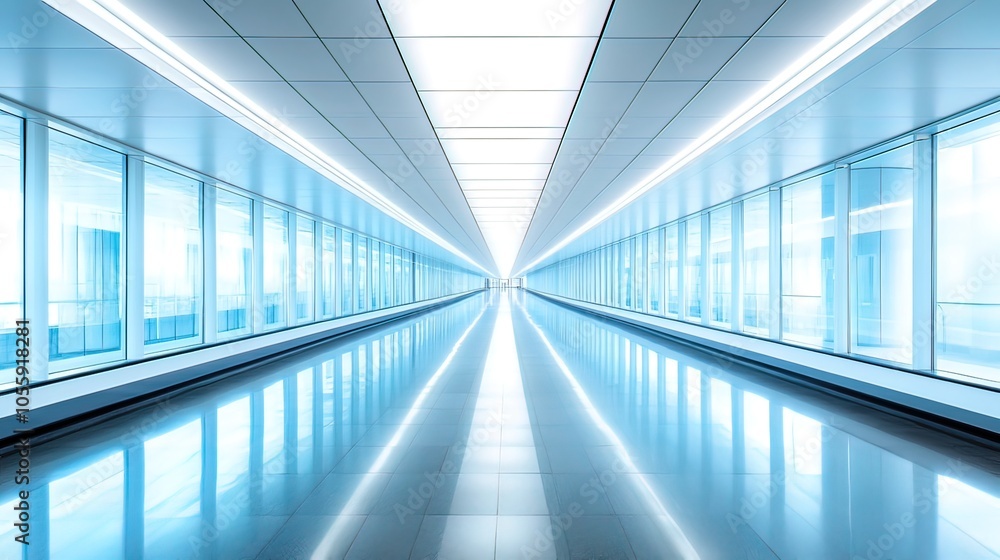 Modern Office Hallway with Bright Lighting and Glass Walls Modern Office Hallway with Bright Lighting and Glass Walls