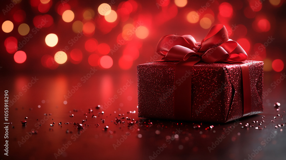 Beautifully Wrapped Gift Close-Up with Ribbon and Bow on a Festive Holiday Background perfect for holiday marketing, seasonal greeting cards Beautifully Wrapped Gift Close-Up with Ribbon and Bow on a Festive Holiday Background perfect for holiday marketing, seasonal greeting cards