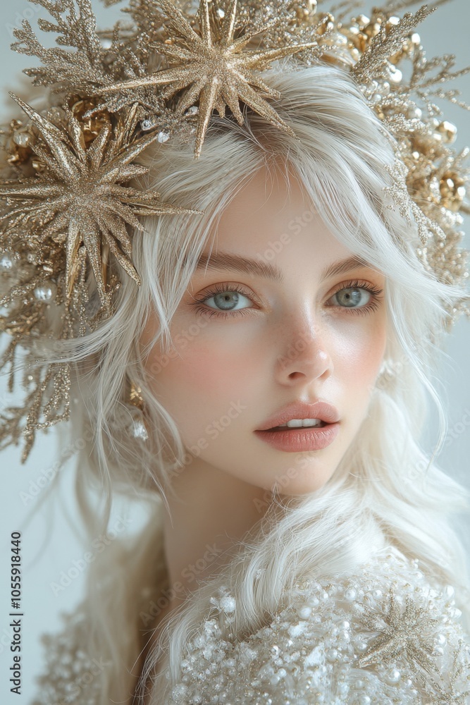 Ethereal Winter Goddess with Glittering Headpiece and Frosted Elegance Ethereal Winter Goddess with Glittering Headpiece and Frosted Elegance