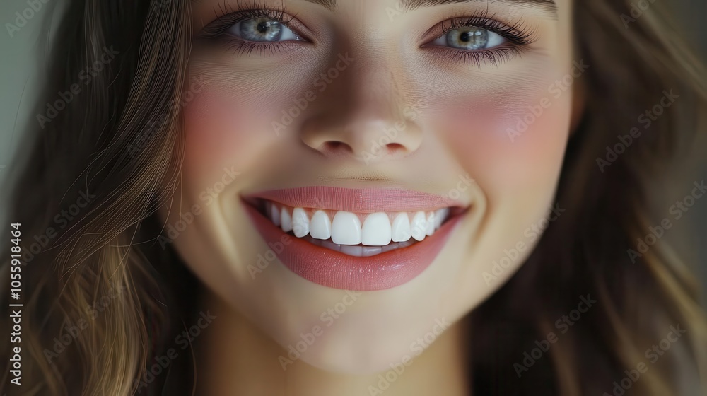 Woman with a bright, confident smile, white teeth, light pink lipstick, classic beauty Woman with a bright, confident smile, white teeth, light pink lipstick, classic beauty