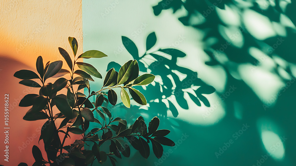 Vibrant plant shadows against colorful wall backdrop Vibrant plant shadows against colorful wall backdrop