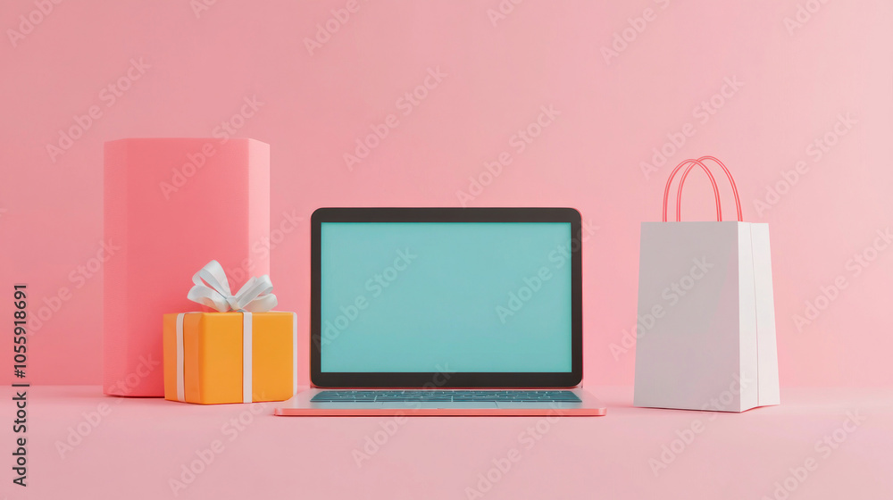 This lively setting showcases a laptop with a blank screen alongside a colorful gift box and a shopping bag all arranged neatly against a soft pink backdrop creating an inviting atmosphere This lively setting showcases a laptop with a blank screen alongside a colorful gift box and a shopping bag all arranged neatly against a soft pink backdrop creating an inviting atmosphere