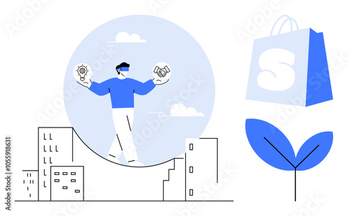 A person walks a tightrope above buildings while holding icons representing ideas and money. Nearby are a shopping bag and a plant. Ideal for business, innovation, sustainability, balance, and modern