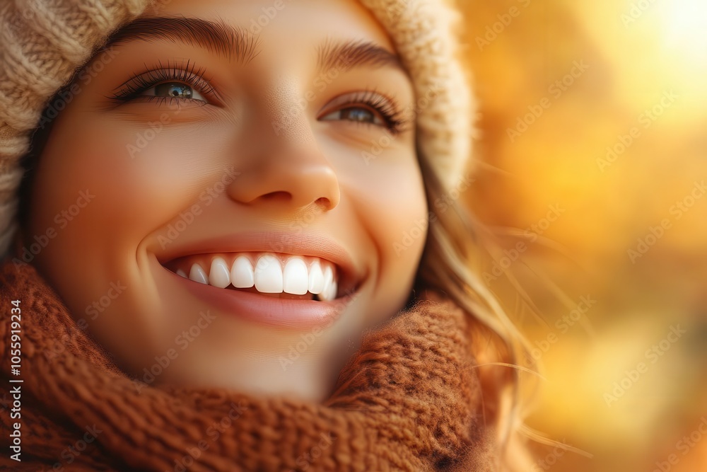 Woman with joyful smile, white teeth, soft autumn lighting, warm and inviting Woman with joyful smile, white teeth, soft autumn lighting, warm and inviting