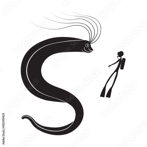 Huge King of herrings and scuba diver look at each other. Vector black silhouette image.
