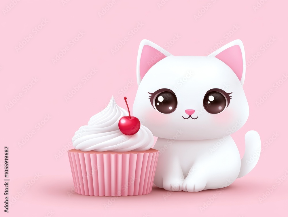Adorable White Cat with Cute Expression and Cherry-Topped Cupcake on Soft Pink Background Adorable White Cat with Cute Expression and Cherry-Topped Cupcake on Soft Pink Background