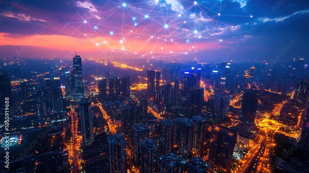 Fototapeta premium Aerial cityscape at night with digital network connections glowing in the sky