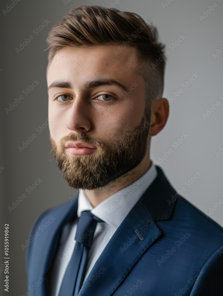 the young men, short beard, brown eyes, brown hair cut, short cut, suit navy blue, background white, portrait shot photography, the young men, short beard, brown eyes, brown hair cut, short cut, suit navy blue, background white, portrait shot photography,