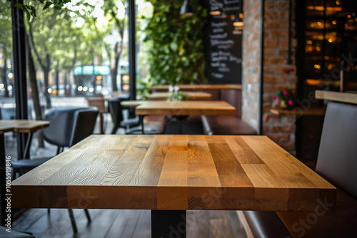 Empty wooden table in a modern cafe with a view of outdoor greenery and brick interior