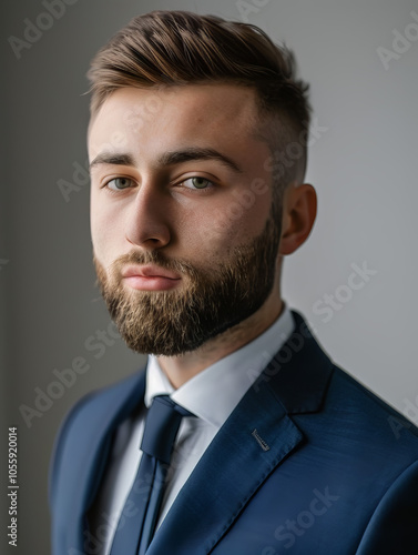 the young men, short beard, brown eyes, brown hair cut, short cut, suit navy blue, background white, portrait shot photography, 