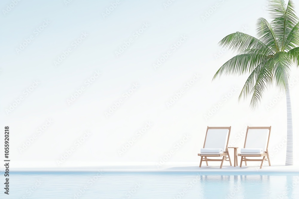 Serene tropical setting with two lounge chairs, palm tree, and calm water reflecting a clear blue sky. Perfect for relaxation. Serene tropical setting with two lounge chairs, palm tree, and calm water reflecting a clear blue sky. Perfect for relaxation.