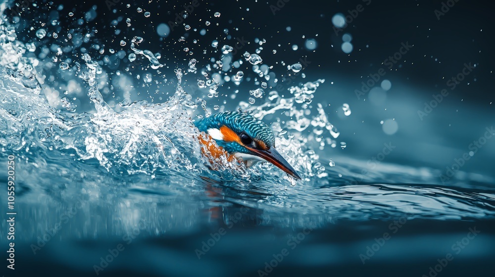 Fototapeta premium Underwater Perspective of Kingfisher Breaking Water with Vividly Colorful Feathers
