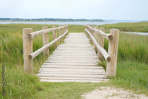 Scenic wooden bridge leading through lush greenery, perfect for nature walks and peaceful landscapes near a serene waterway. photo