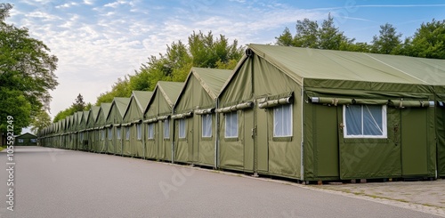 Wallpaper Mural The army tent row is green and has many doors on the sides of each tent, which can be used for military camping or worker tents. The army buildings have different shapes Torontodigital.ca