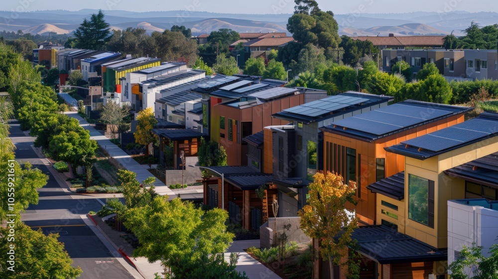 Modern Eco-Friendly Homes with Solar Panels and Green Roofs in a Sustainable Neighborhood Modern Eco-Friendly Homes with Solar Panels and Green Roofs in a Sustainable Neighborhood